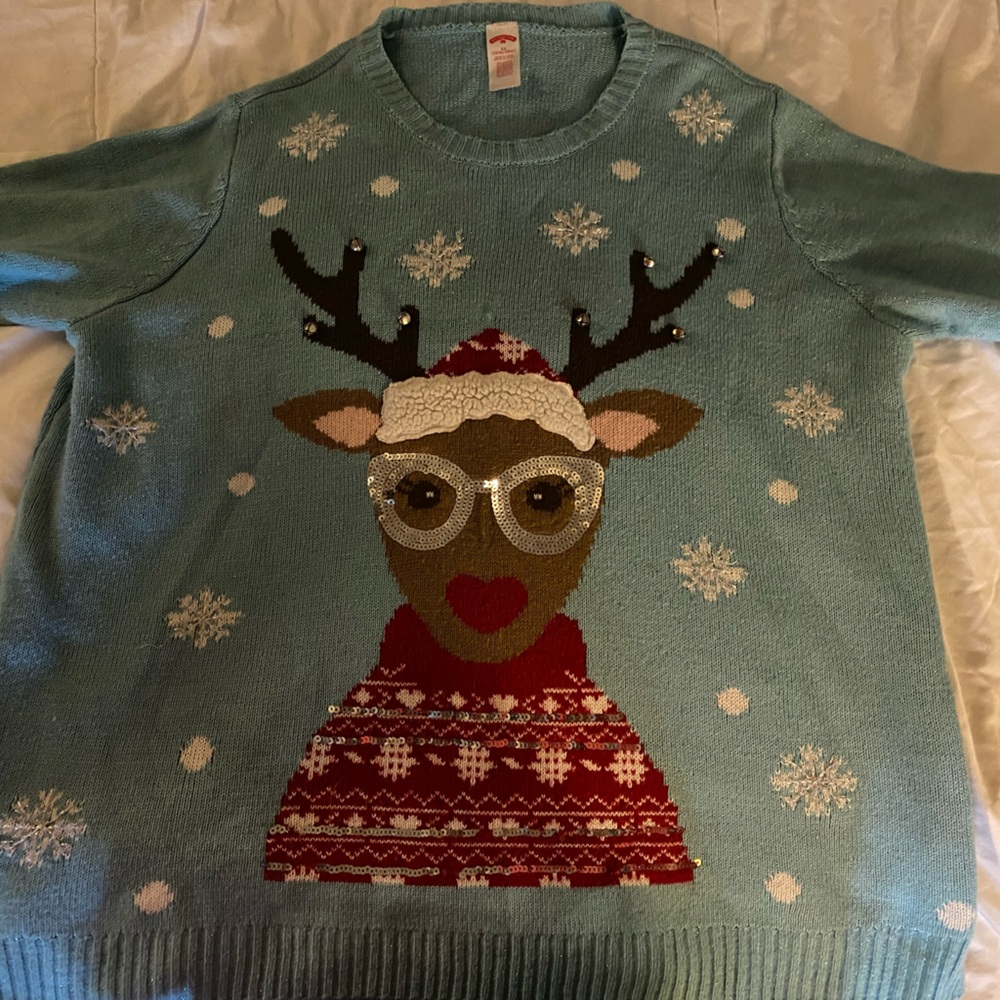 Reindeer Christmas sweater with bells, sequins and sparkles.